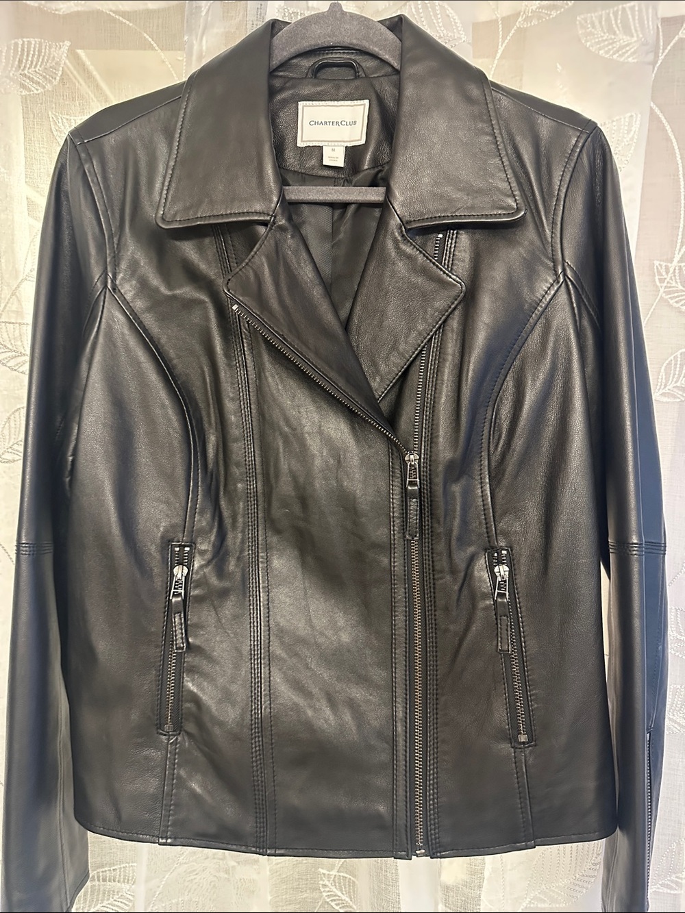 Charter Club Black Leather Moto-Style Zip Jacket